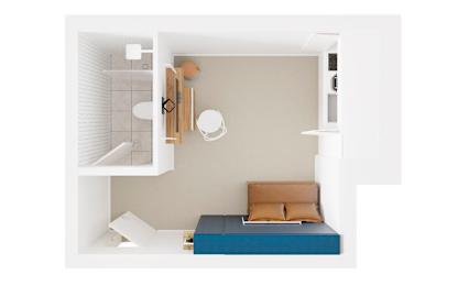 a model of a bedroom with a bed and a bathroom