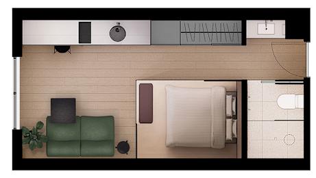 an overhead view of a living room with a green couch