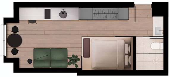 a top view of a living room with a couch and a bed