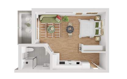 A top-down view of a small, modern apartment with a kitchen, living room, and bathroom.