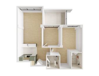 A white and beige model of a house with a kitchen and bathroom.