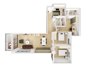 A 3D floor plan of a house with a kitchen, living room, and bedrooms.