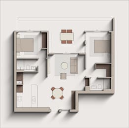 A 3D floor plan of a house with a kitchen, living room, and bedrooms.