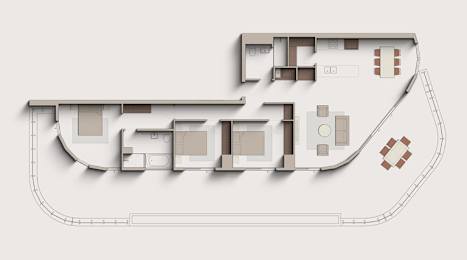 A floor plan of a building with multiple rooms and a courtyard.