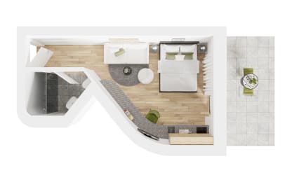 a floor plan of a bedroom with a bathroom and a living room