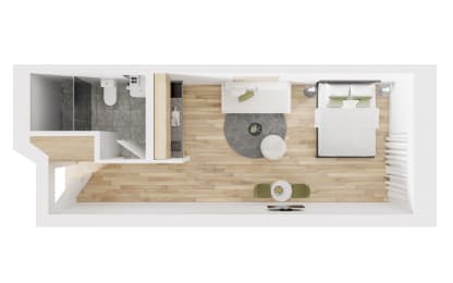 a floor plan of a bedroom with a bathroom and a living room