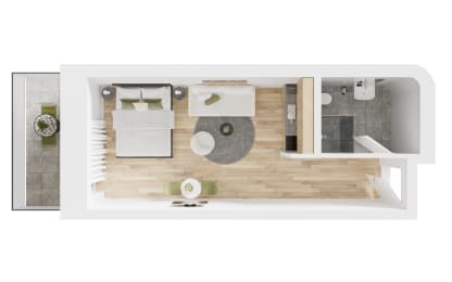 a floor plan of a house with a bedroom and a living room