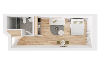 a floor plan of a bedroom with a bathroom and a living room