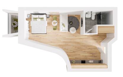 a top view of a room with a wood floor