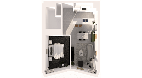 A cutaway view of a wall showing the inside of a house.