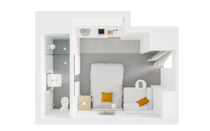 a hypothetical living room with a white couch and a bathroom