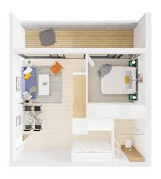 A top down view of a small apartment with a bedroom and a kitchen.