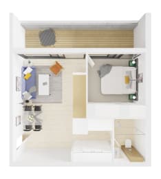 a rendering of a bedroom with a bathroom and a living room