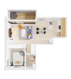 A floor plan of a small apartment with a kitchen, living room, and bathroom.