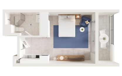 a floor plan of a studio apartment with a bedroom and a bathroom