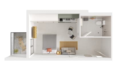 a stylized floor plan of a studio apartment with a bedroom and living room