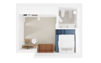 a floor plan of a bedroom with a bathroom and a couch