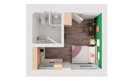 A white bedroom with a bed, nightstand, and a wall-mounted shelf.