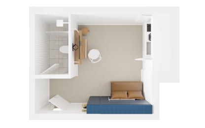 a model of a bedroom with a bed and a bathroom