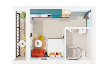 A modern kitchen with a red couch and a white table.
