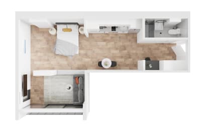 a floor plan of a bedroom with a bathroom and a living room