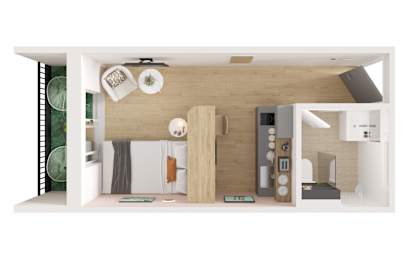 A modern living room with a white ceiling and a wooden floor.