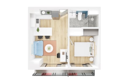 a floor plan of a bedroom with a bathroom and a living room