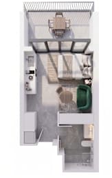 A top down view of a bathroom with a toilet, sink, and shower.
