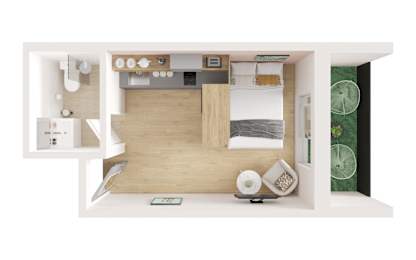 A top down view of a kitchen with a sink, stove, and refrigerator.