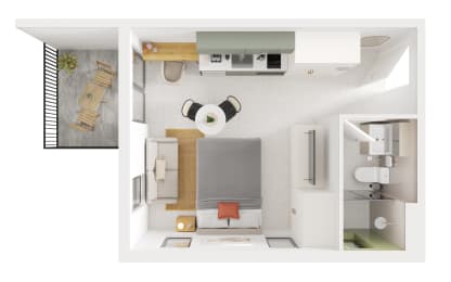 a stylized floor plan of a small apartment with a bedroom and a bathroom