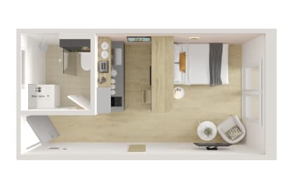 the interior of a small apartment with a living room and a bedroom