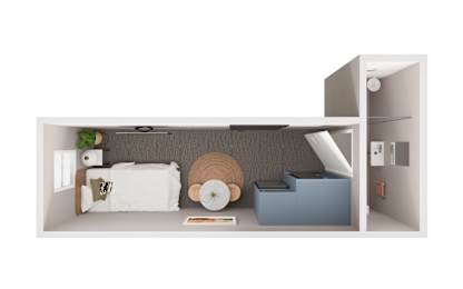 A white bedroom with a bed, chair, and shelf.