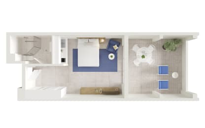 a stylized floor plan of a studio apartment with a bedroom and a bathroom