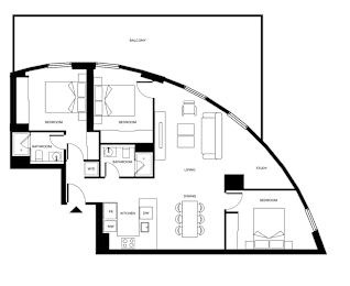 A black and white floor plan of a house with a balcony, two bedrooms, a bathroom, a living room, a study, a dining room, a kitchen, a fireplace, and a wine cellar.