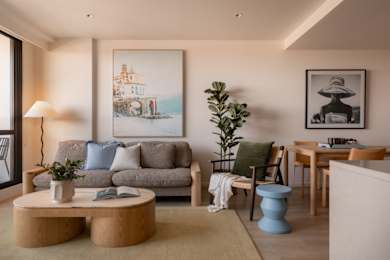A living room with a grey sofa, a coffee table, a potted plant, a painting, and a framed picture on the wall.