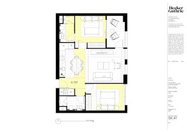 a floor plan of a small house with yellow floors and a balcony