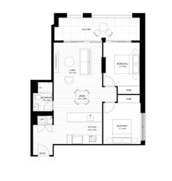 A floor plan of a house with two bedrooms, a living room, a dining room, a kitchen, a bathroom, and a laundry area.