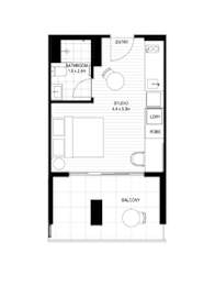 A floor plan of a small apartment with a bathroom, a studio, a dry robe, and a balcony.