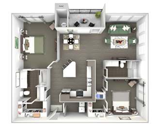 Floor Plan  A 3D floor plan of a small apartment with a kitchen, living room, and bedroom.