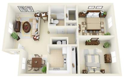 A 3D floor plan of a house with furniture and appliances.