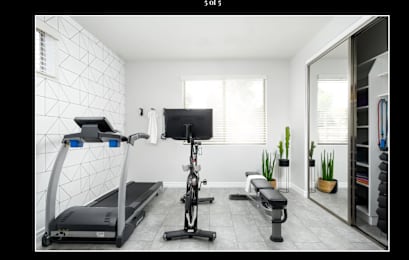 A home gym with a treadmill, rowing machine, and bench press.