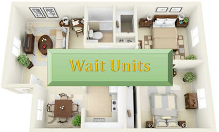 A 3D rendered image of a wait unit with a green sign on top.