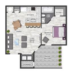 A floor plan of a house with a kitchen, living room, dining room, bedroom, bathroom, pantry, closet, and patio.