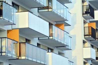 a close up of balconies on an apartment building