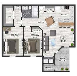 A floor plan of a house with two bedrooms, a living room, a kitchen, a pantry, a bathroom, a dining area, a closet, a storage area, and a patio/balcony.