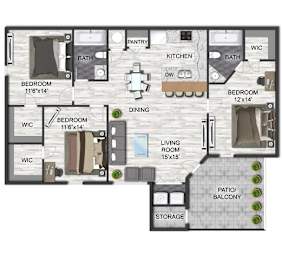 A floor plan of a house with three bedrooms, a living room, a kitchen, a dining room, a patio, a bathroom, and a storage area.