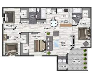 A floor plan of a house with three bedrooms, a living room, a kitchen, a pantry, a dining area, a bathroom, a closet, a storage area, and a patio/balcony.