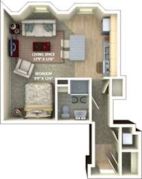 A floor plan of a small apartment with a living space and bedroom.