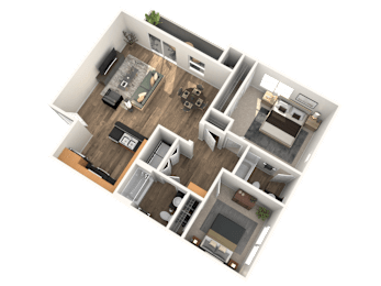 A top-down view of a house layout with a living room, kitchen, dining area, and two bedrooms.