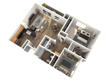 A 3D floor plan of a house with multiple rooms and furniture.